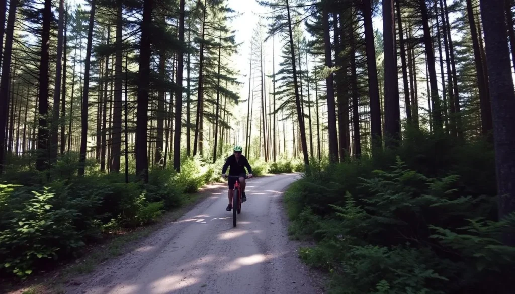 Mountain bikers on a trail through the forest at Georgian Bay Islands National Park