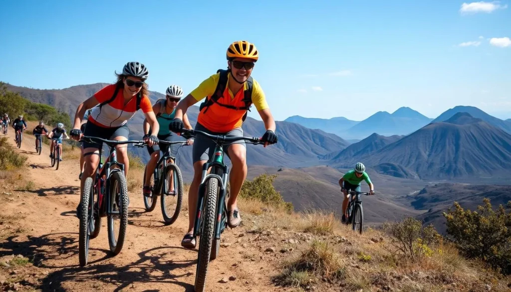 Mountain bikers on trails near Tlalmanalco with volcanic landscape in the background