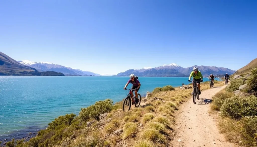 Mountain bikers riding along the scenic Glendhu Bay Track with Lake Wanaka views