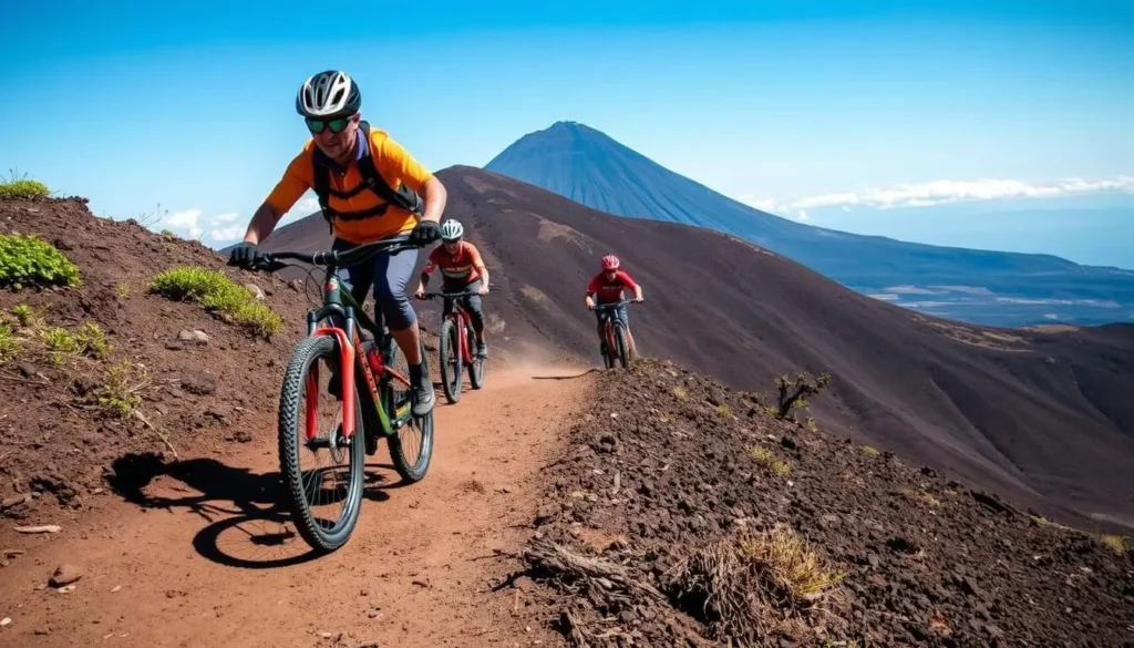Mountain bikers riding on trails on the slopes of Mount Merapi with volcanic landscape in background