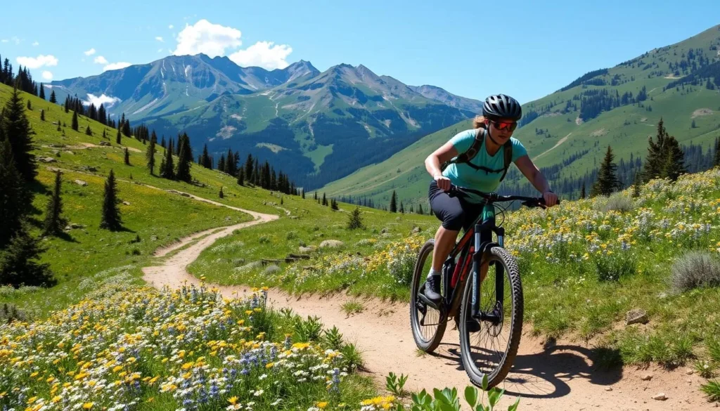 Mountain biking on Telluride trails with wildflowers and alpine scenery Mountain biking on Telluride trails with wildflowers and alpine scenery