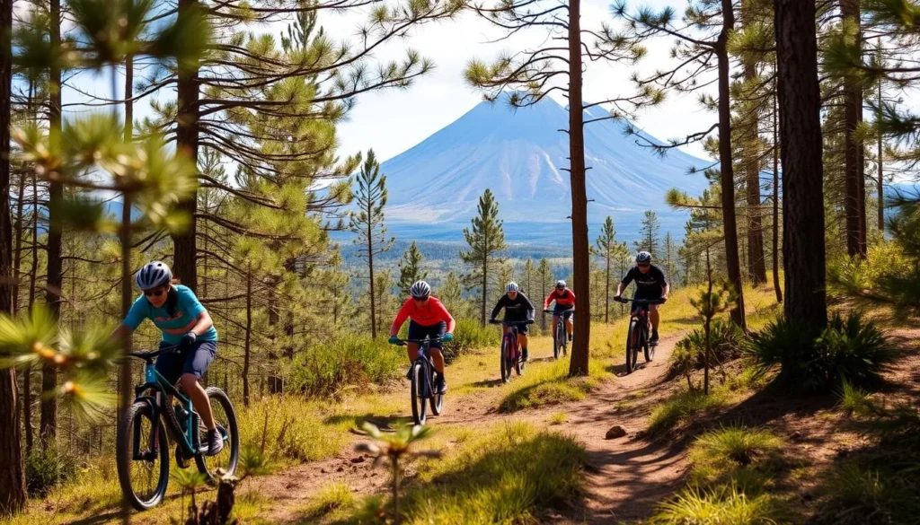 Mountain biking on forest trails in the lower elevations of Volcan Nevado de Colima National Park