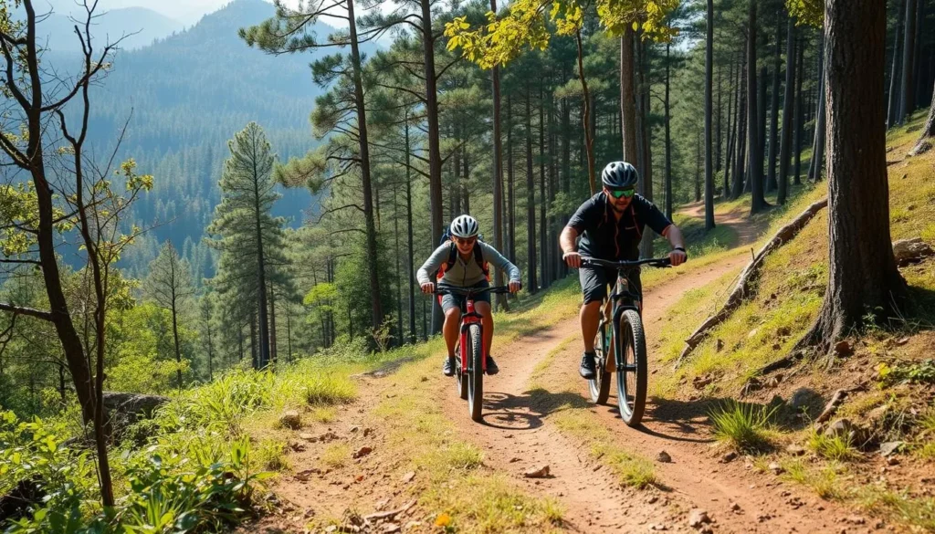 Mountain biking trail through forests of Phou Luang Massif with riders enjoying the scenery