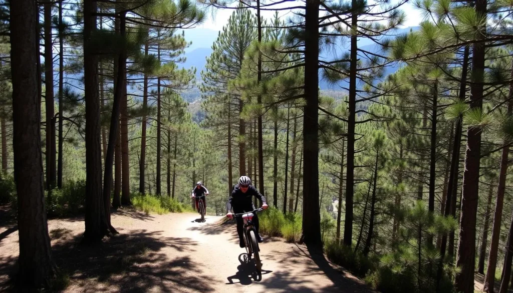 Mountain biking trail through pine forests in Cofre de Perote National Park