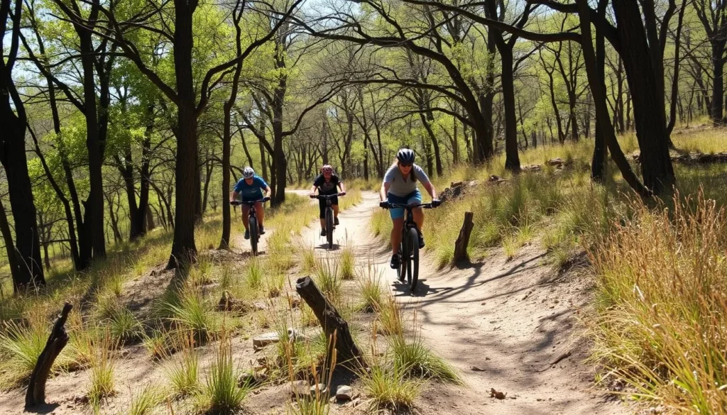 Mountain biking trails at Cedar Hill State Park Texas with limestone features