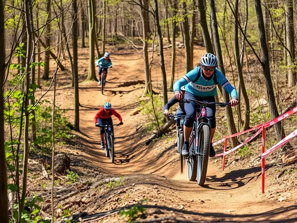 Mountain biking trails at Cedar Hill State Park with cyclists enjoying the terrain Mountain biking trails at Cedar Hill State Park with cyclists enjoying the terrain