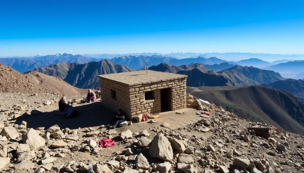 Mountain refuge at high altitude in Toubkal National Park with hikers resting outside