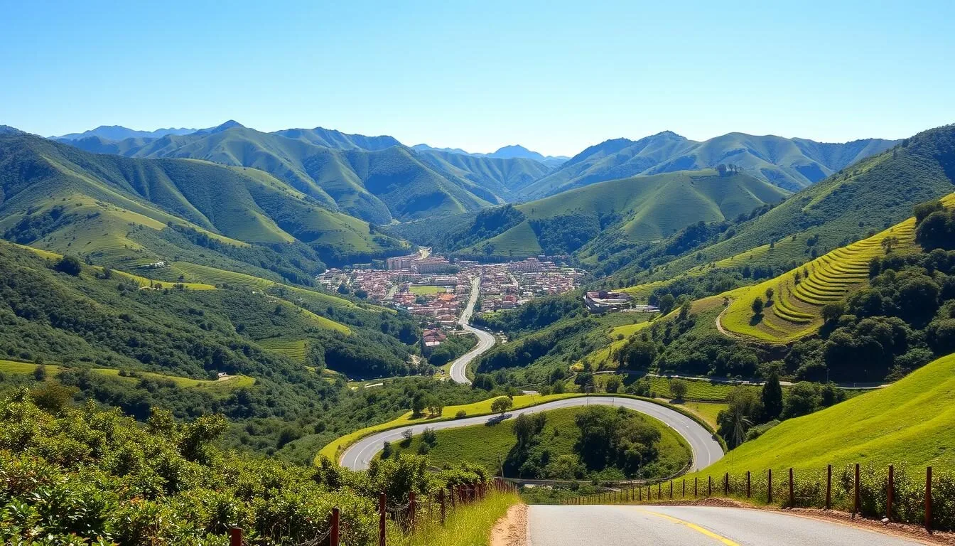 Mountain road leading to Concordia, Colombia with coffee plantations visible on hillsides