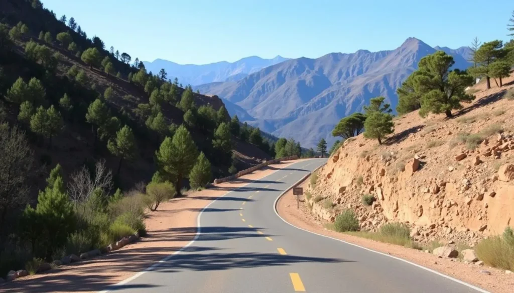 Mountain road leading to Khenifra National Park with cedar forests on both sides