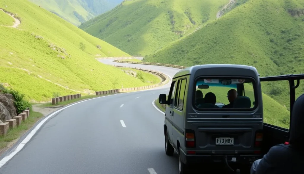 Mountain road leading to Phonsavan with a minivan traveling through scenic landscape