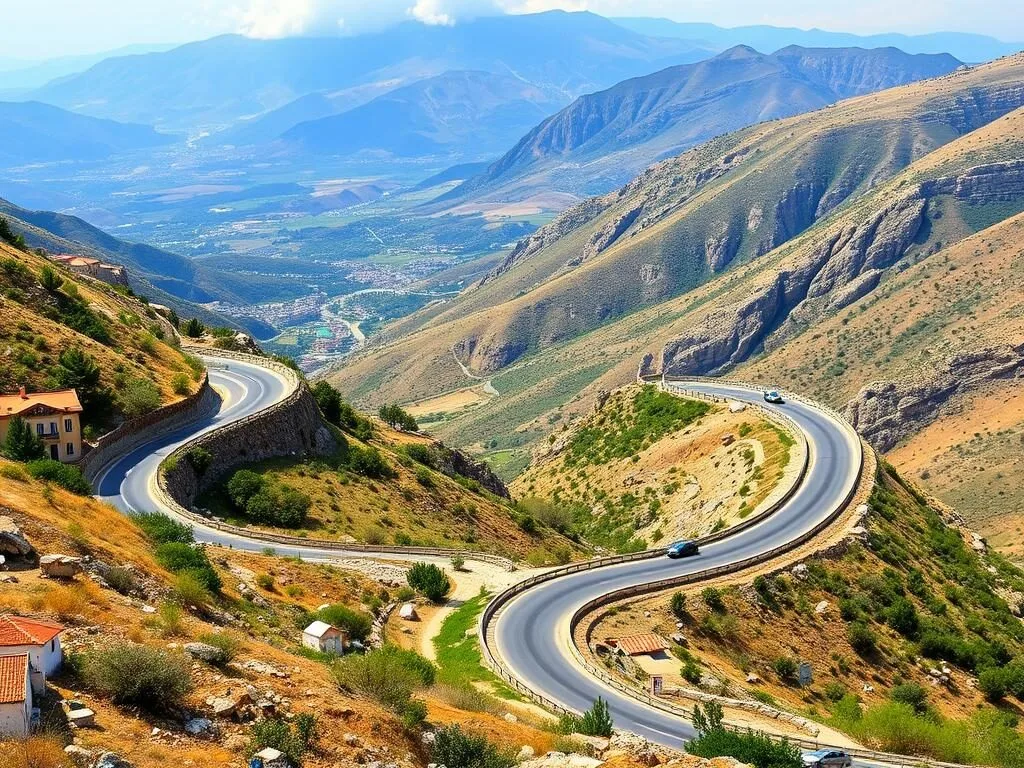 Mountain road leading to Qadisha Valley with scenic views of the Lebanese countryside Mountain road leading to Qadisha Valley with scenic views of the Lebanese countryside
