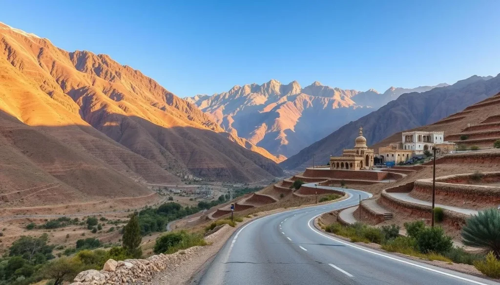 Mountain road leading to Taiz with terraced hillsides and traditional Yemeni villages