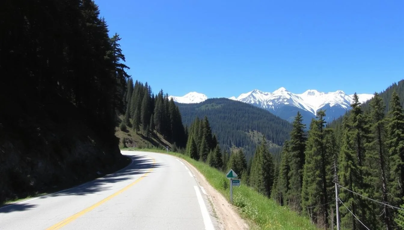 Mountain road leading to Torsa Strict Nature Reserve in Bhutan with snow-capped peaks in background