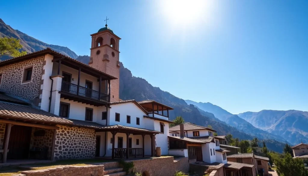Mountain village of Tafi del Valle with traditional architecture and mountains in background