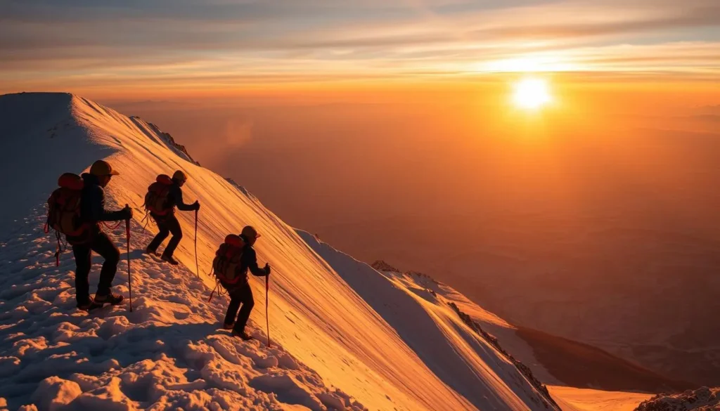 Mountaineers climbing Nevado Sajama with sunrise in the background