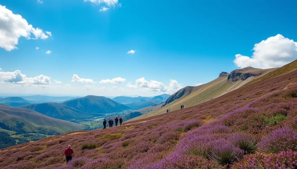 Mourne Mountains in summer with hikers enjoying clear views and blooming heather on the trails Mourne Mountains in summer with hikers enjoying clear views and blooming heather on the trails