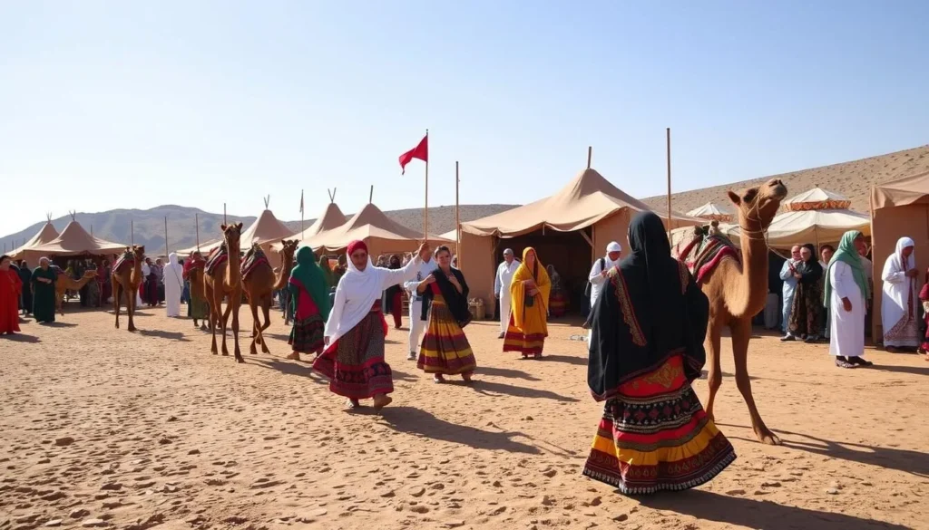 Moussem festival in Tan-Tan Morocco with traditional dancers and camels