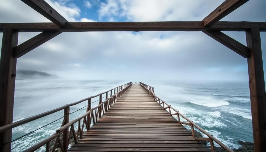 Muelle de las Almas (Pier of Souls) wooden walkway with ocean view in Chiloe