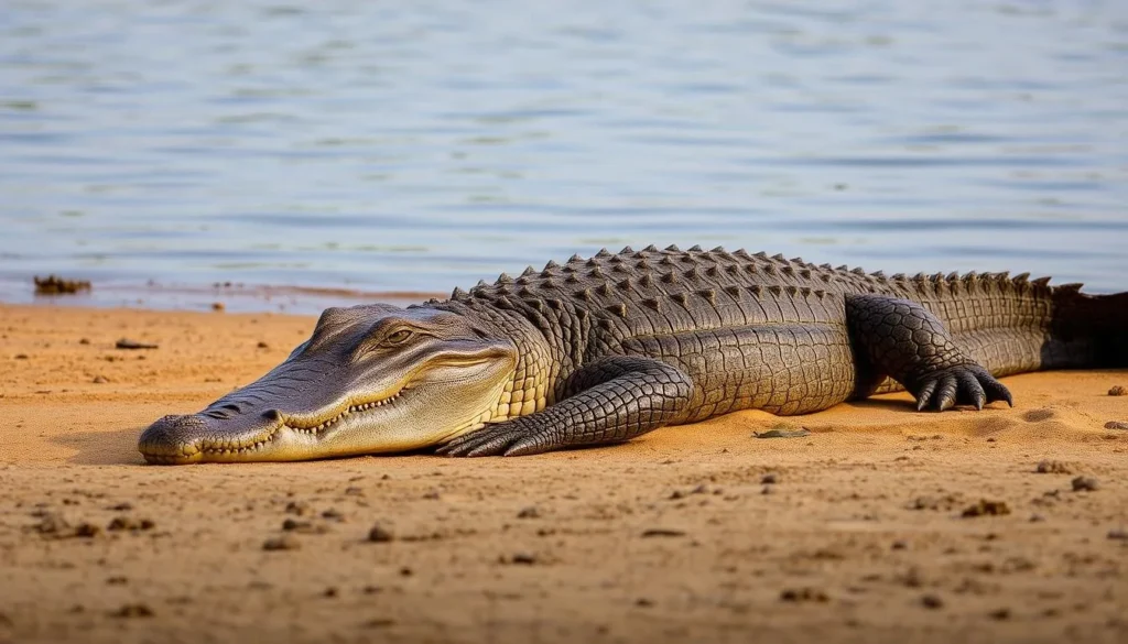 Mugger crocodile basking on the shore of a lake in Wilpattu National Park