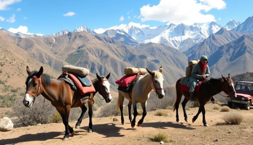 Mules carrying equipment on mountain trails in Toubkal National Park with Berber guide