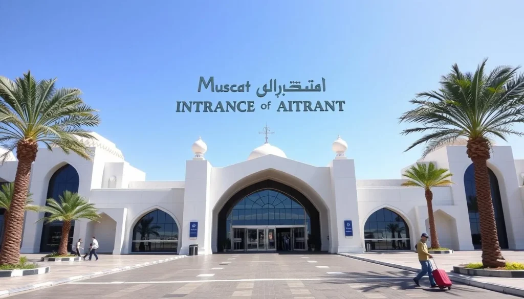 Muscat International Airport entrance with traditional Omani architectural elements and palm trees