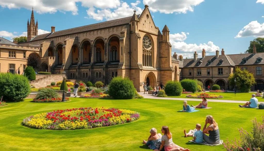 Museum Gardens in York with St. Mary's Abbey ruins and colorful flower beds