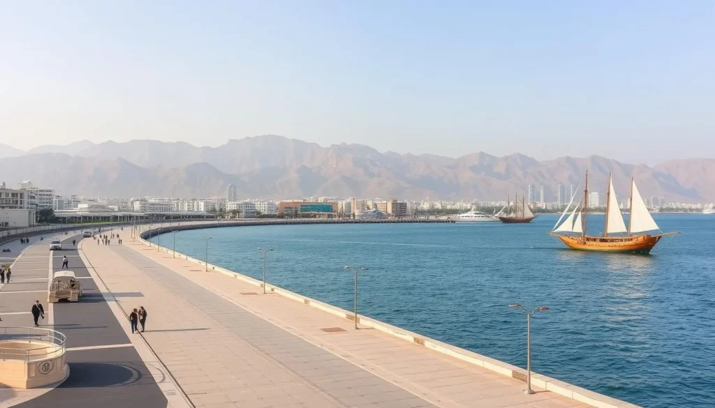 Mutrah Corniche waterfront promenade in Muscat with traditional boats Mutrah Corniche waterfront promenade in Muscat with traditional boats