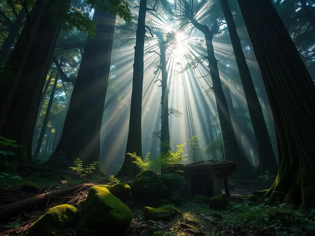 Mystical Dong SaKee Sacred Forest with ancient trees and filtered sunlight