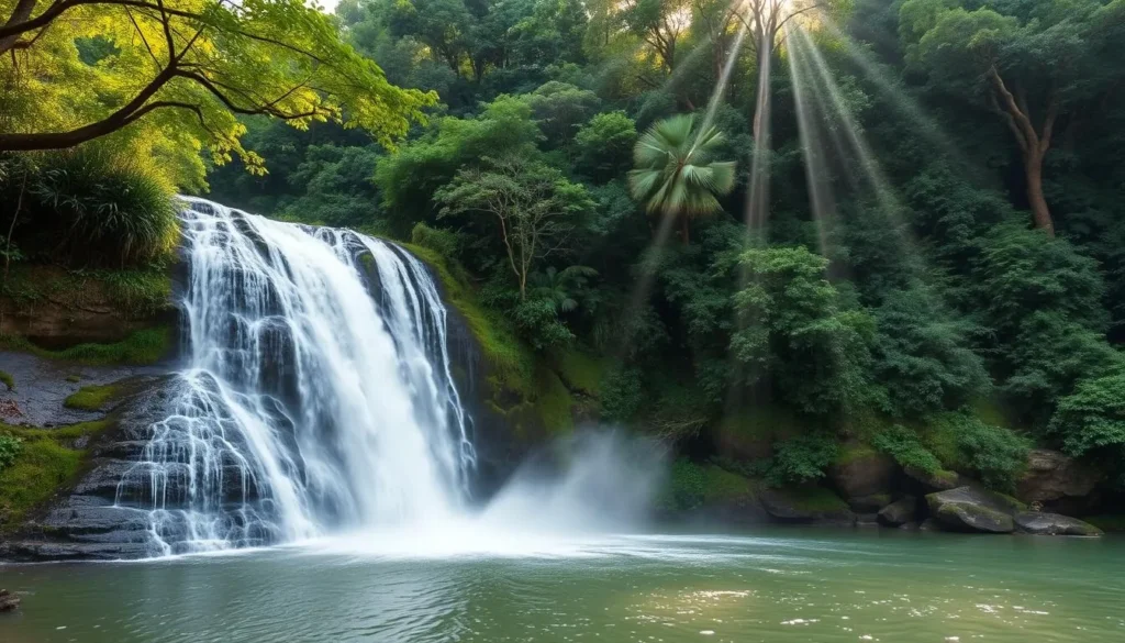 Nam Neua waterfall with 80-meter drop surrounded by lush forest