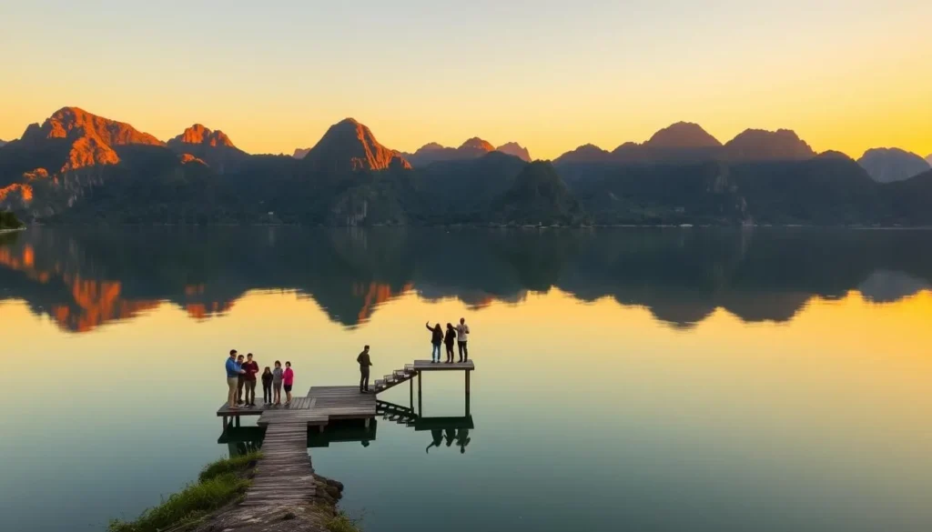 Nam Song Reservoir during sunset in dry season with perfect reflections on the water