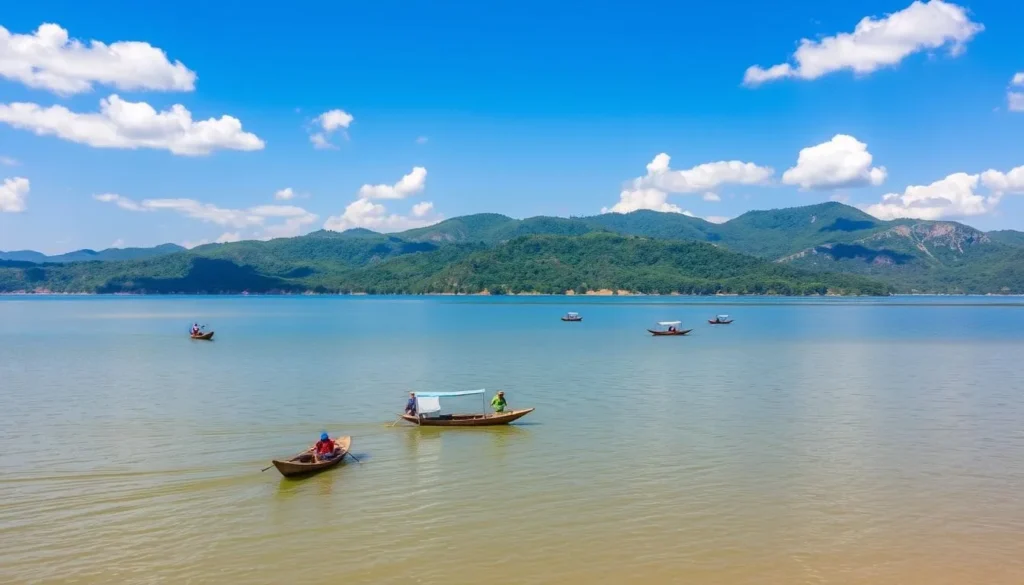 Nam Theun 2 Reservoir during dry season with clear skies, calm waters, and fishermen in traditional boats