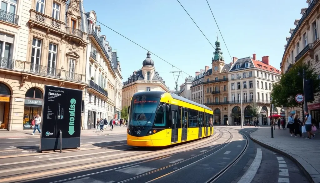 Nantes tramway passing through the city center with historic buildings in the background