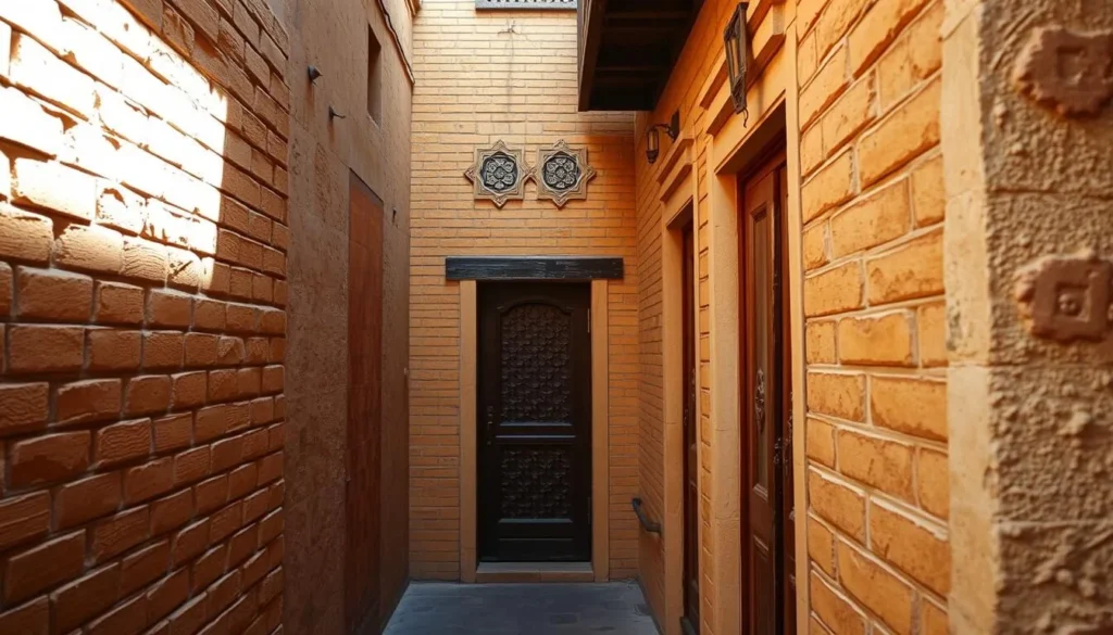 Narrow alleyway in Tozeur's medina showing distinctive geometric brick patterns and traditional doors