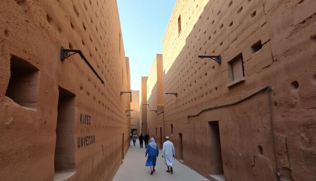 Narrow alleyways between tall mud-brick buildings in Shibam Yemen with local residents walking