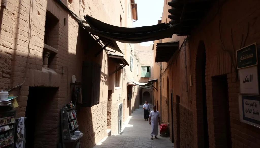 Narrow alleyways of Taourirt's old medina with traditional mud-brick buildings and local vendors