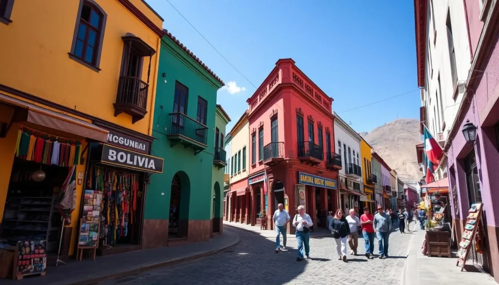 Narrow cobblestone street in Copacabana, Bolivia with colorful buildings