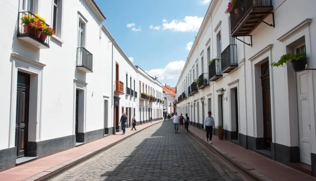 Narrow cobblestone street in Popayan Colombia with white colonial buildings and pedestrians