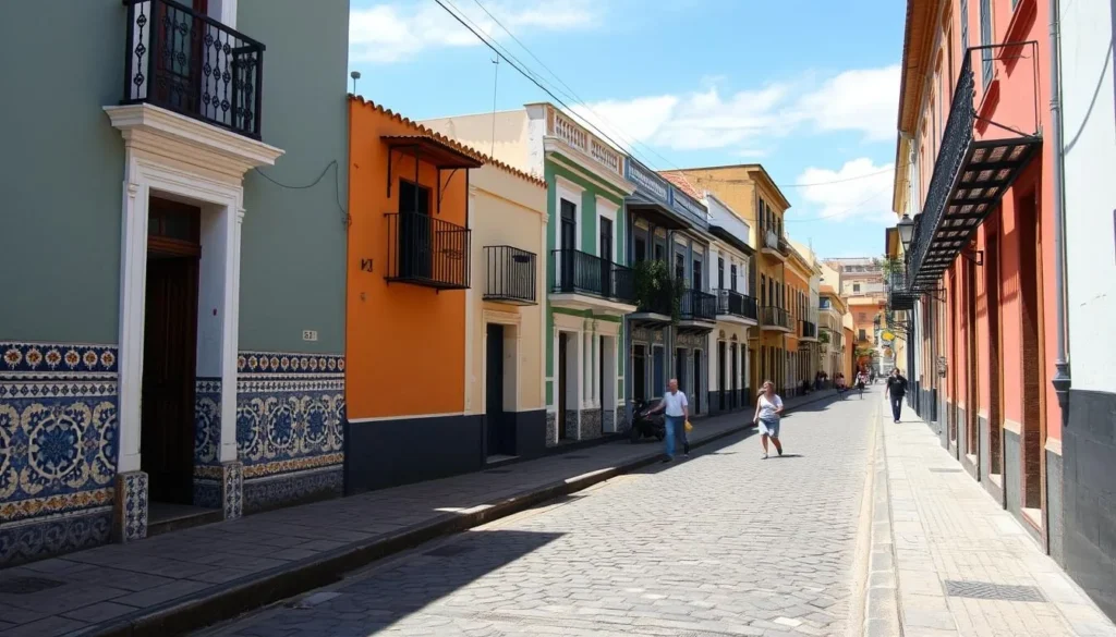 Narrow cobblestone street in the historic center of Sao Luis Brazil with colorful colonial buildings