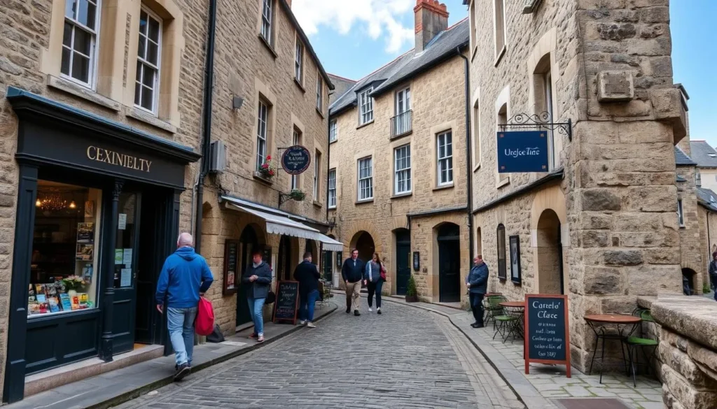Narrow cobblestone street within Saint-Malo's walled city with pedestrians exploring shops Narrow cobblestone street within Saint-Malo's walled city with pedestrians exploring shops
