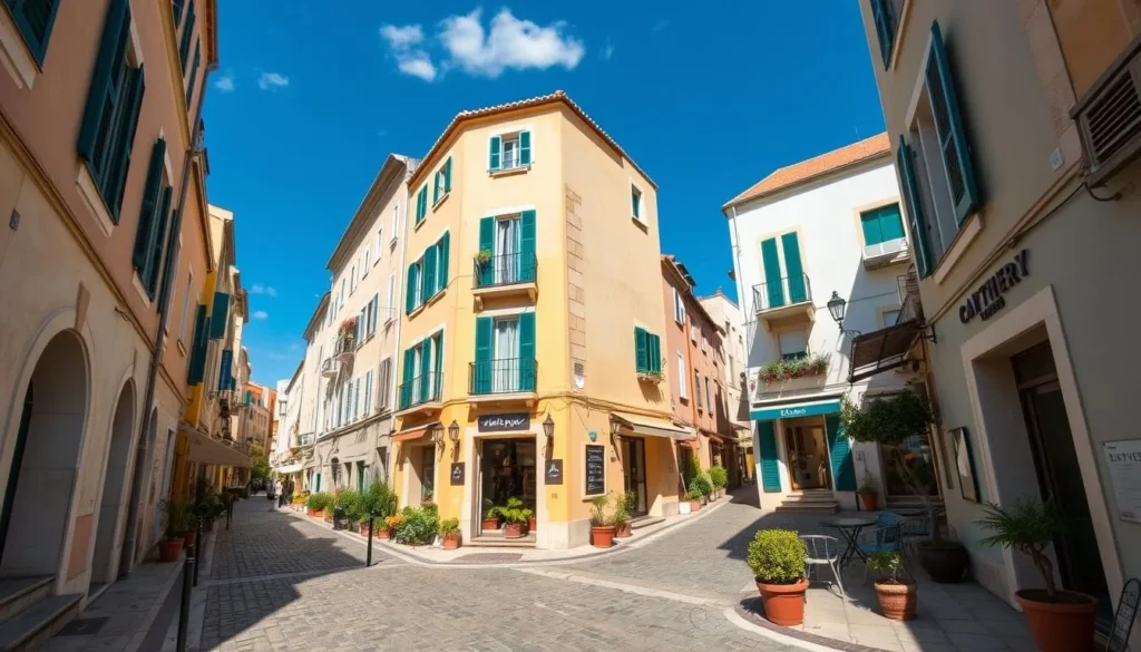 Narrow cobblestone streets of Saint-Tropez old town with colorful buildings and cafes Narrow cobblestone streets of Saint-Tropez old town with colorful buildings and cafes