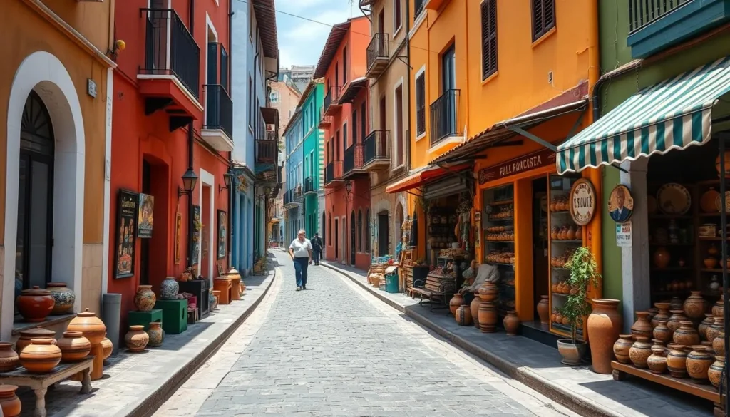 Narrow colorful street in Raquira with pottery shops and pedestrians Narrow colorful street in Raquira with pottery shops and pedestrians