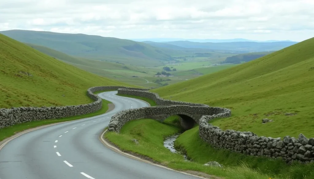 Narrow country road winding through the Yorkshire Dales with stone walls on either side