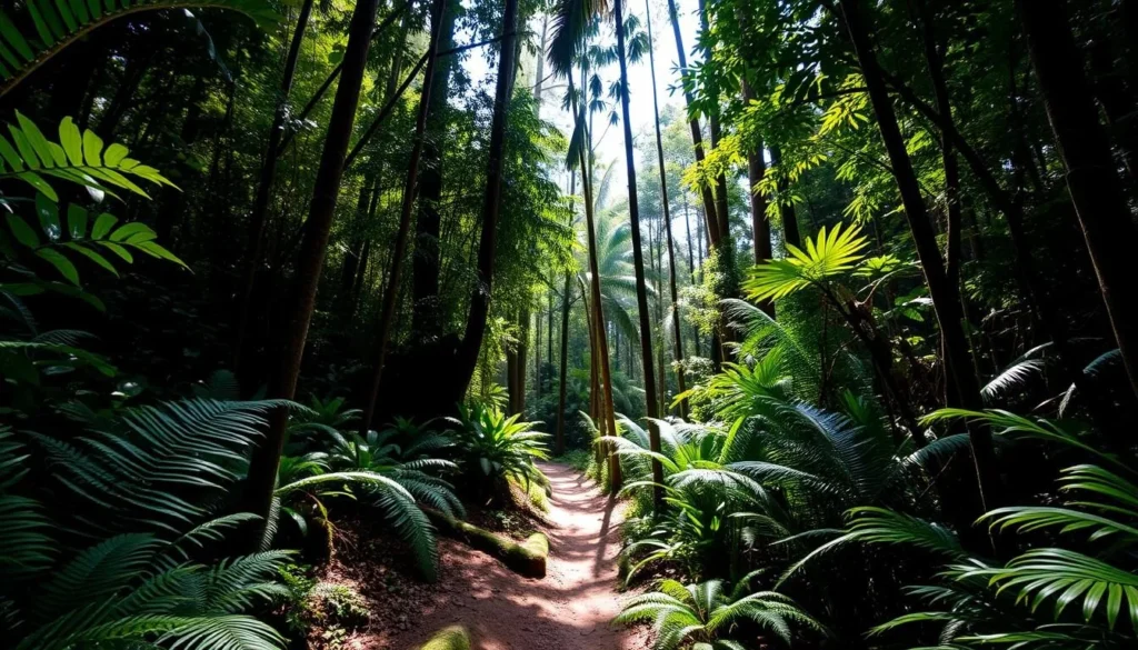 Narrow hiking trail through the dense rainforest of Bukit Duabelas National Park