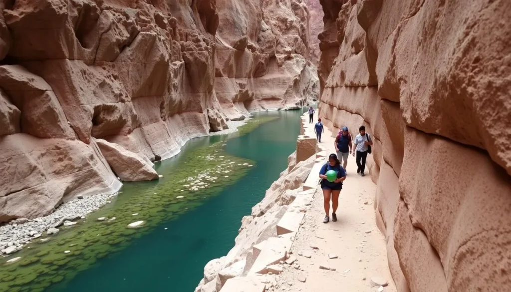 Narrow path along canyon walls at Wadi Shab with water visible below