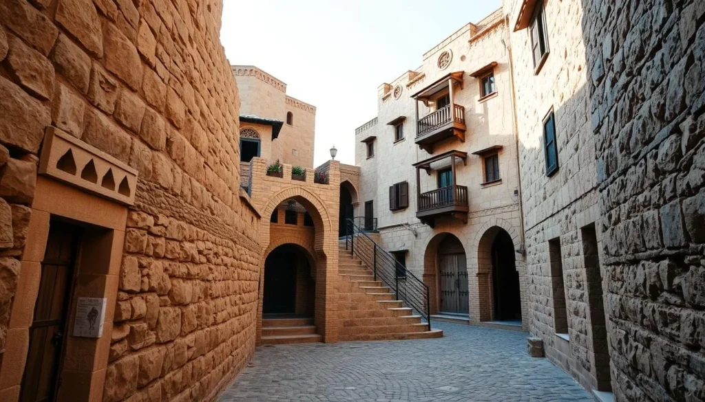 Narrow stone alleyways of Thula Yemen with traditional multi-story houses