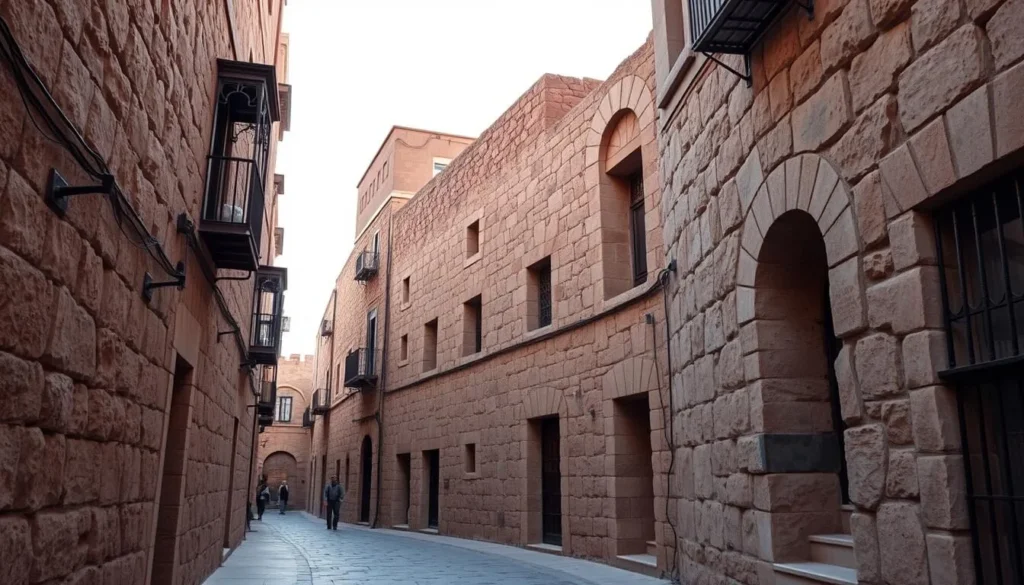 Narrow stone streets of Bosra's old city with ancient basalt buildings on both sides