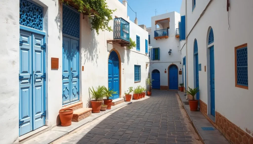 Narrow street in Kairouan's medina with traditional whitewashed buildings and blue doors