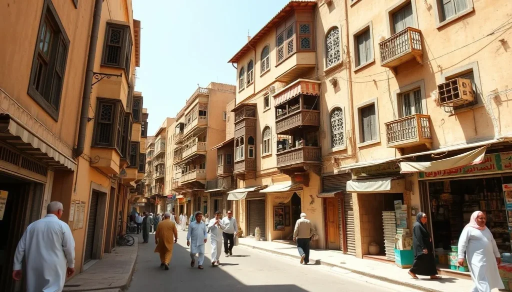 Narrow street in old Taiz with traditional Yemeni architecture and local pedestrians