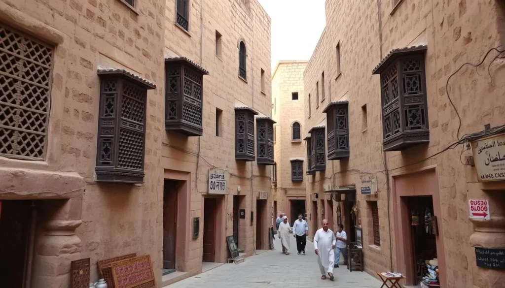 Narrow streets of Al Hudaydah Old City with traditional Yemeni architecture