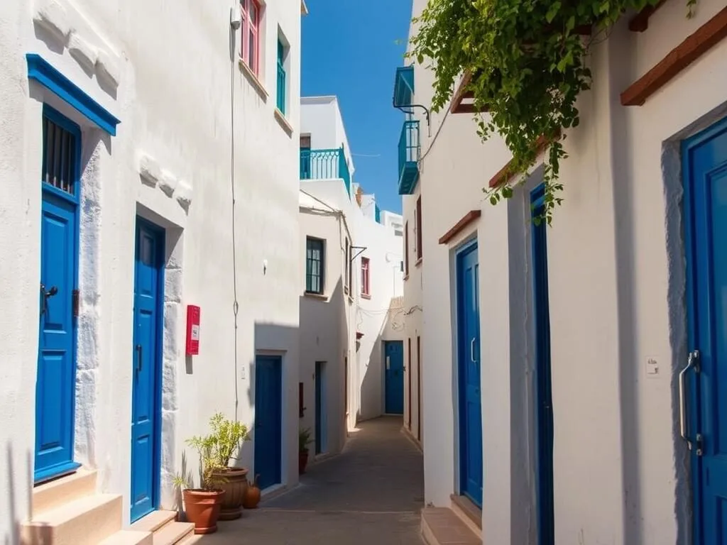 Narrow streets of Asilah Morocco medina with white buildings